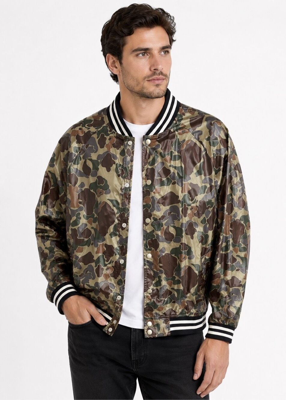 Five Four Camo Bomber Jacket Snap Front Lightweight Varsity Military Size Large